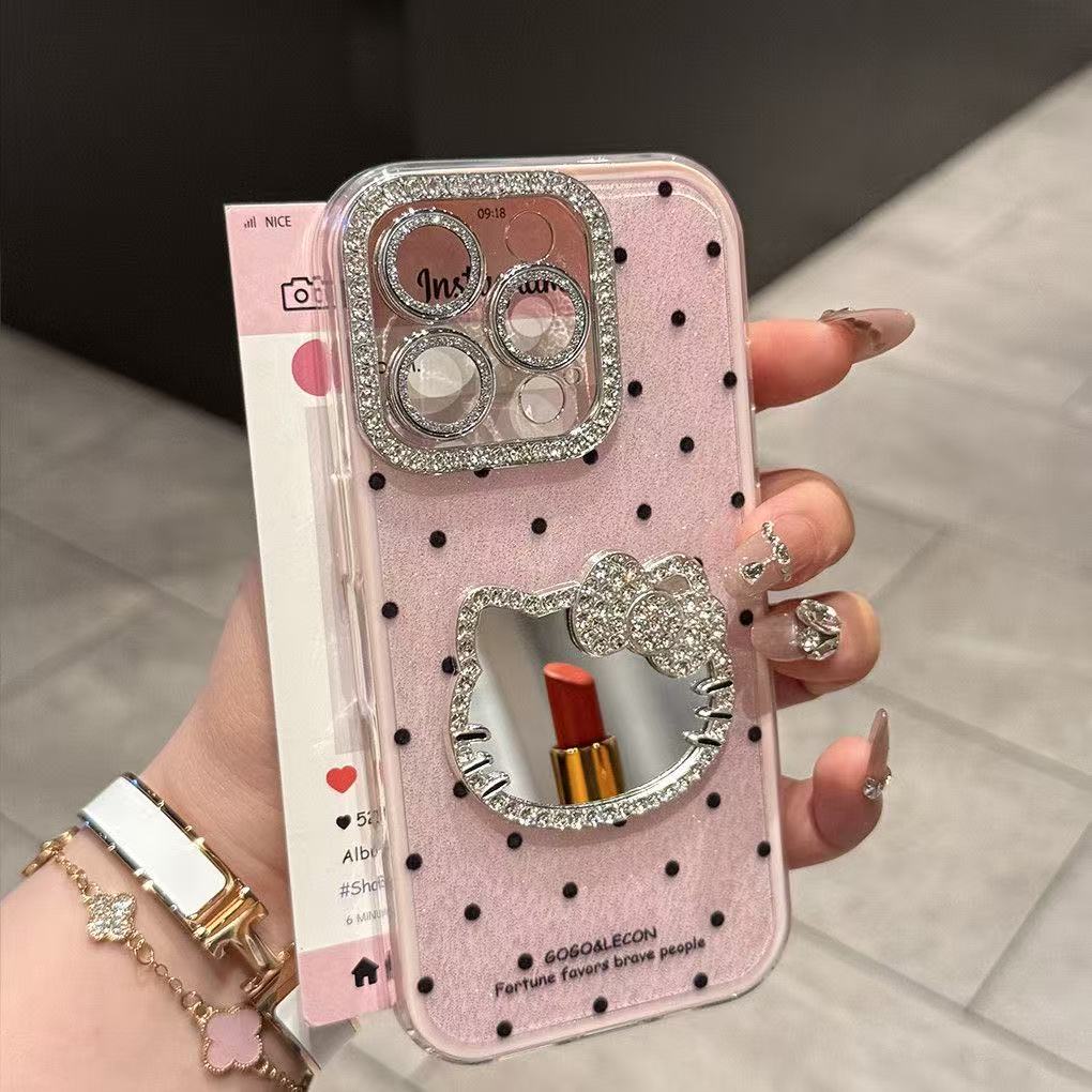 ins闪钻适用苹果16ProMax手机壳15立体化妆镜14新潮13女镜子创意2