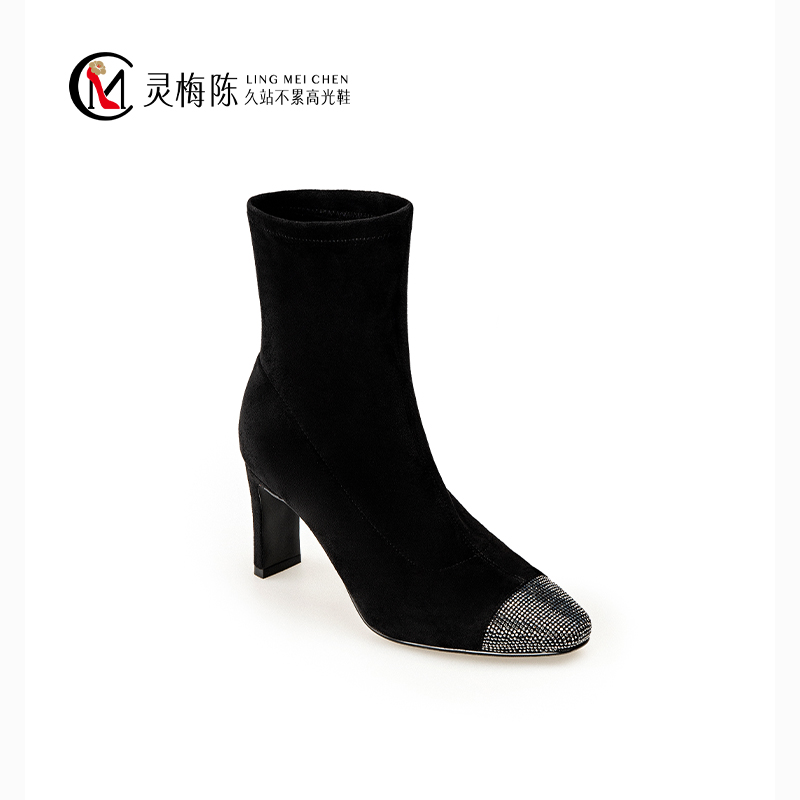 【方头钻瘦瘦靴】秋冬气质显瘦时尚黑色短靴经典时髦拼接高跟瘦瘦靴