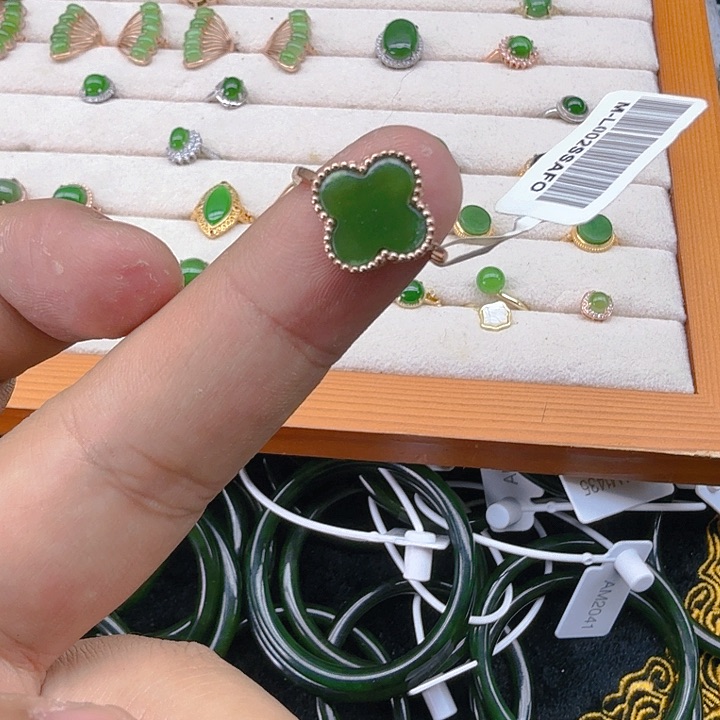 和田玉（碧玉）戒指银S925镀金镶嵌