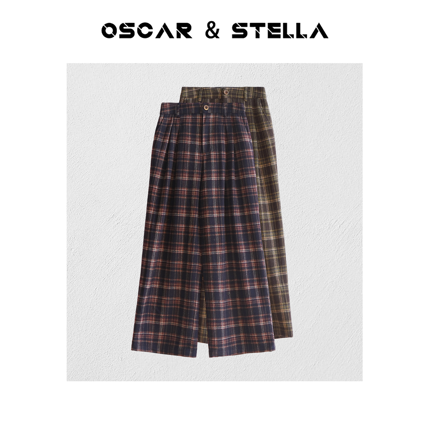 OSCAR&STELLA【朝歌】宽松直筒百搭舒适中高腰格纹休闲裤314-06118