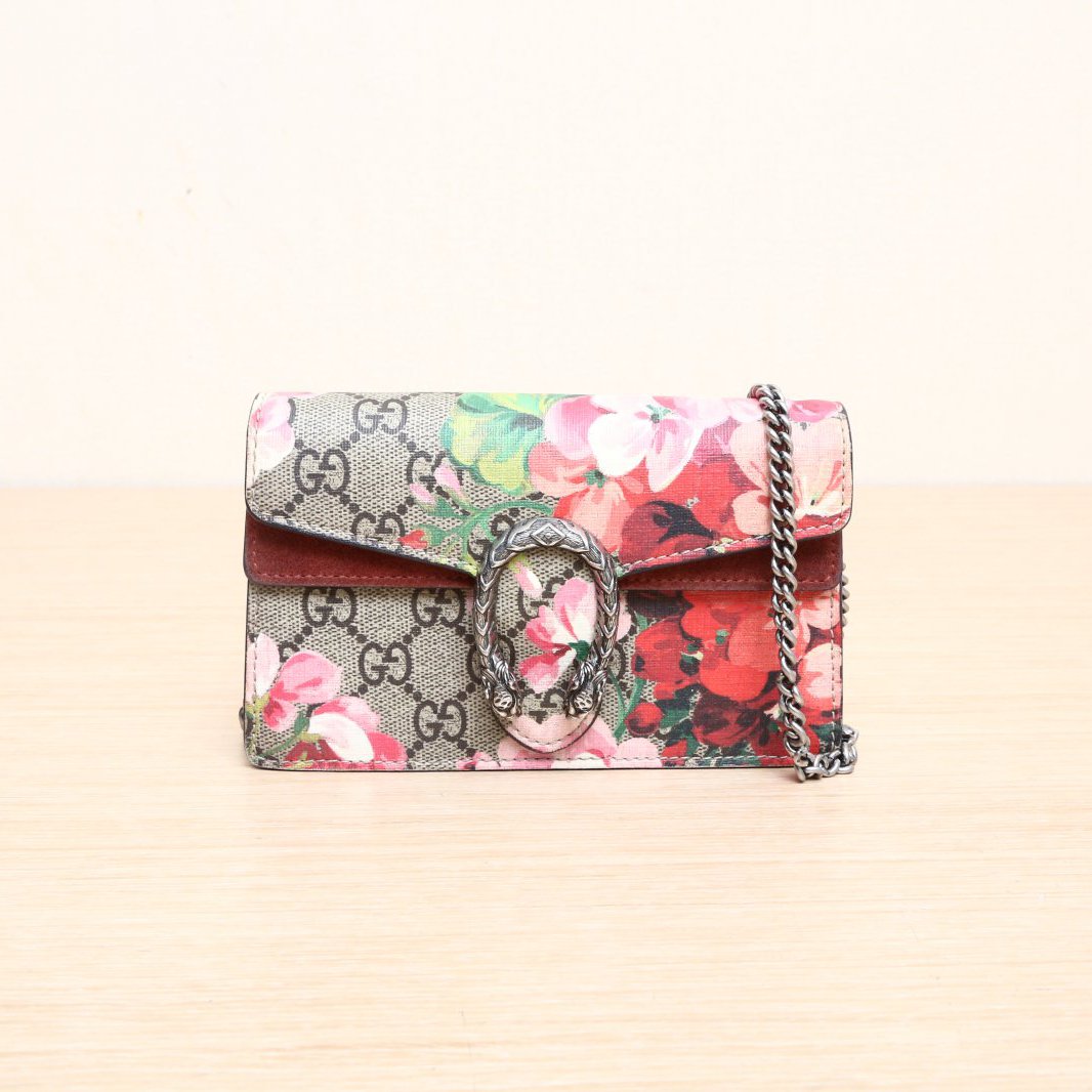 95新 GUCCI/古驰 酒神单肩包 16.5 花卉印花PVC 银扣 P205742022