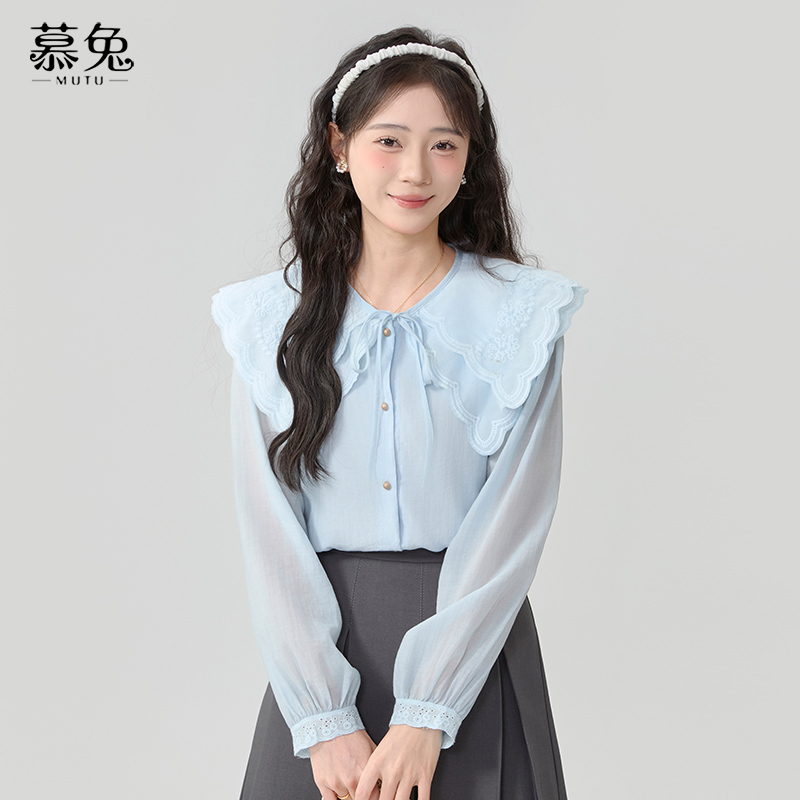 慕兔法式娃娃领蓝色衬衫女2025春新款别致设计感小众宽松长袖上衣