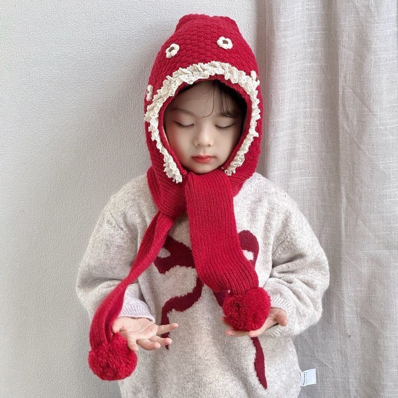 儿童帽子围巾一体帽女孩宝宝冬季韩版洋气保暖护耳帽红色毛线帽潮
