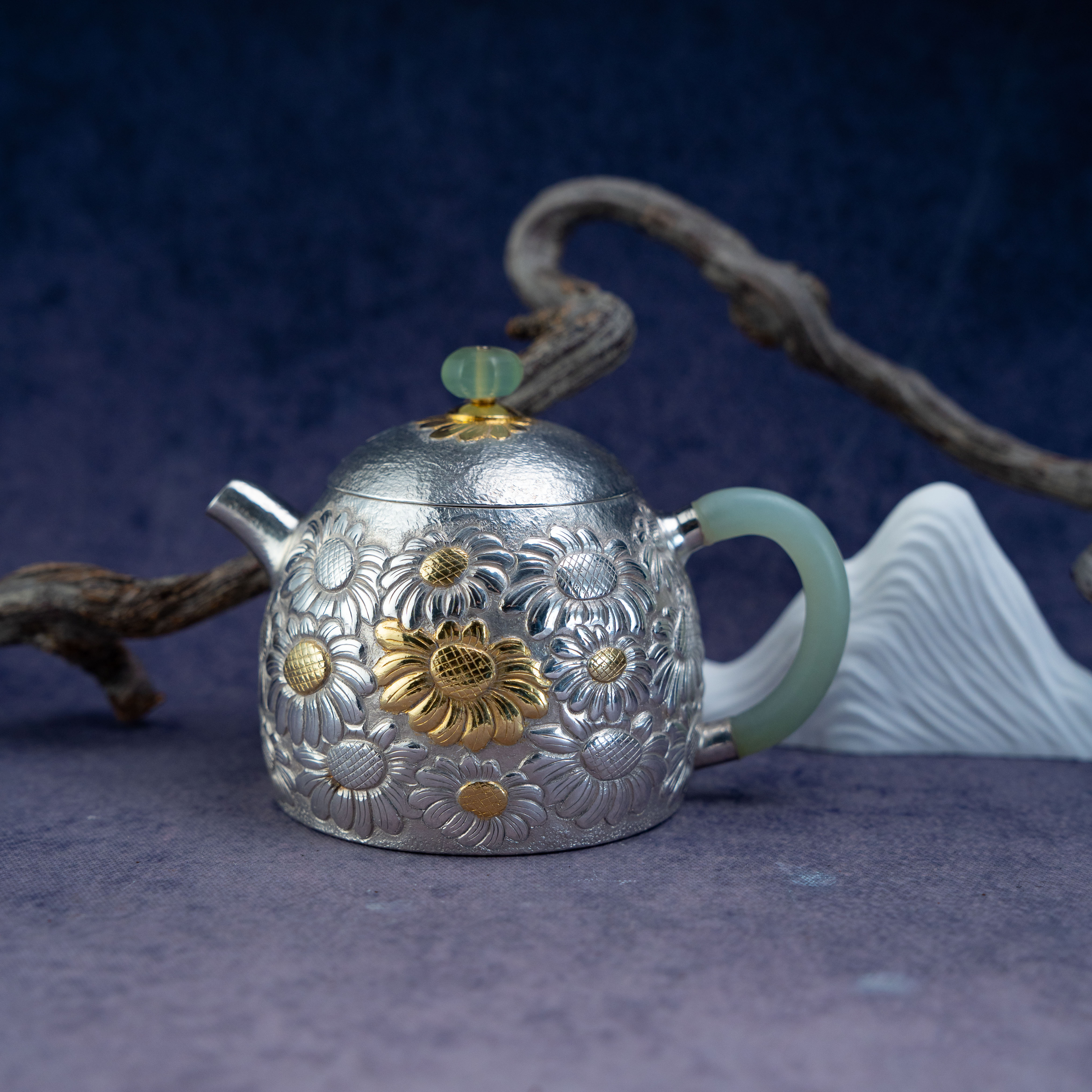 足银  纯手工 足银贴金玉把向阳花 泡壶 非遗手工艺