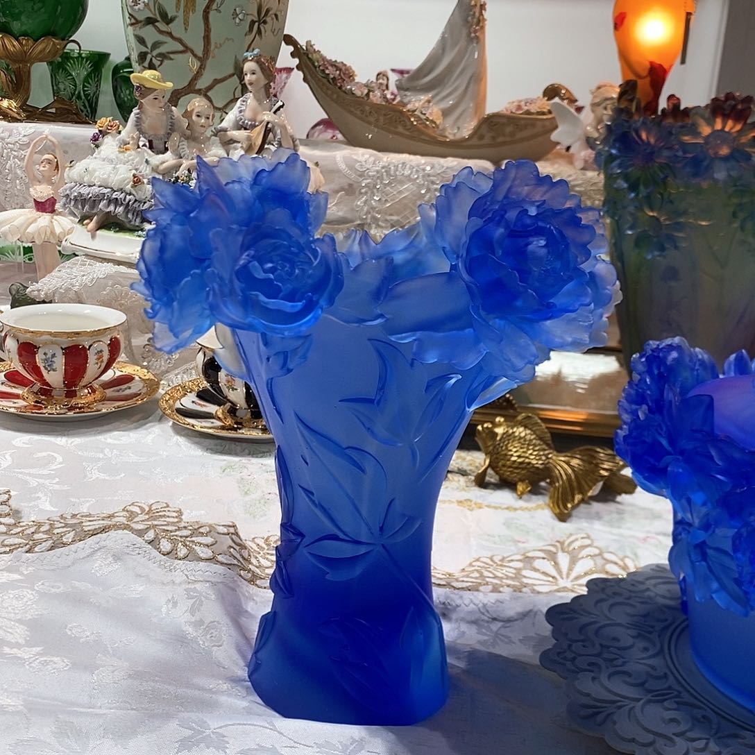 摆件QAA302脱蜡水晶牡丹花花瓶