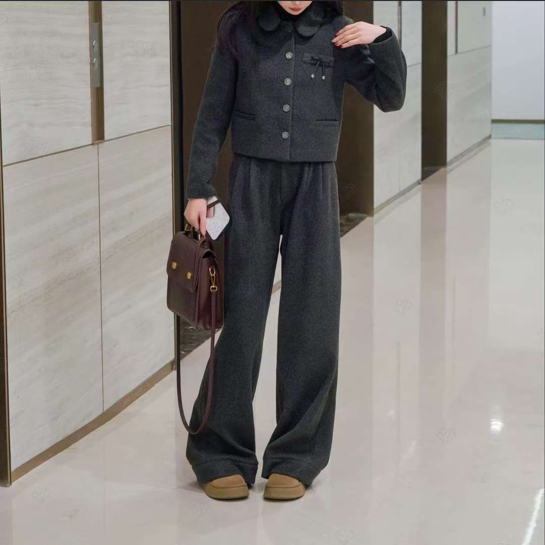 法式小香风短外套高腰显瘦百搭阔腿裤两件套