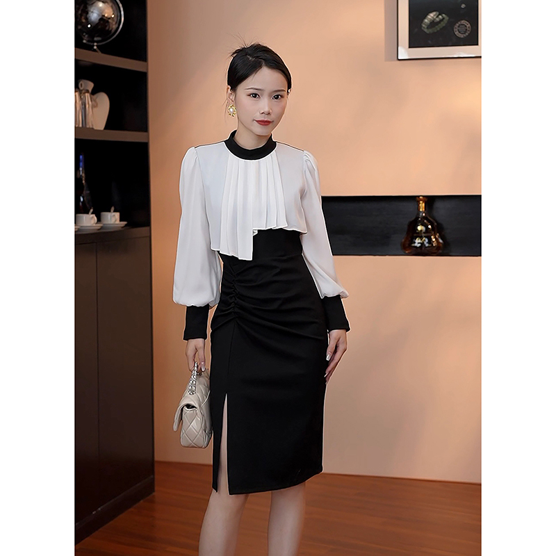 9808早秋气质黑色夏季法式修身名媛连衣裙女