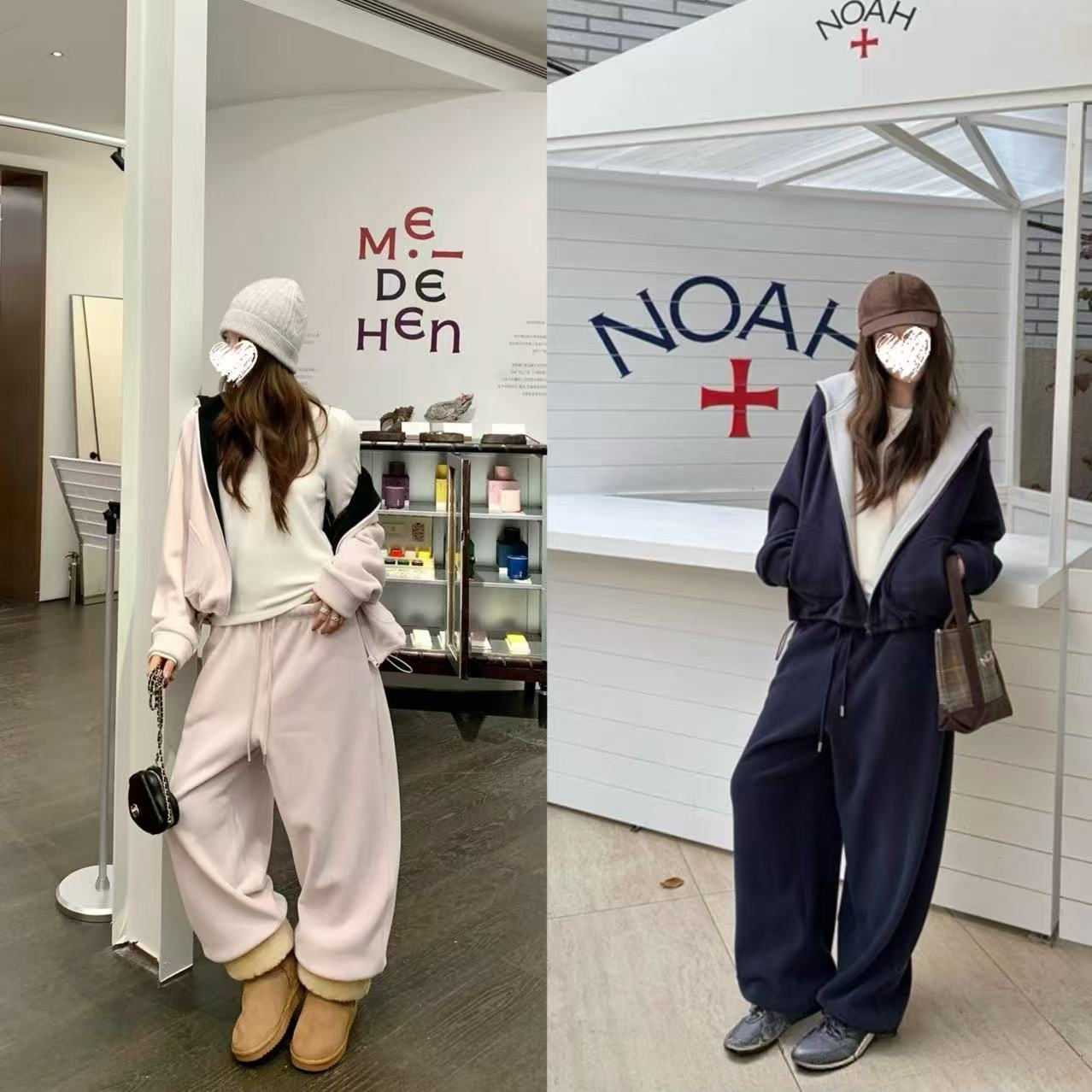 懒人冬日录软糯宽松撞色490g双面奥粒绒抓绒卫衣卫裤套装  82233