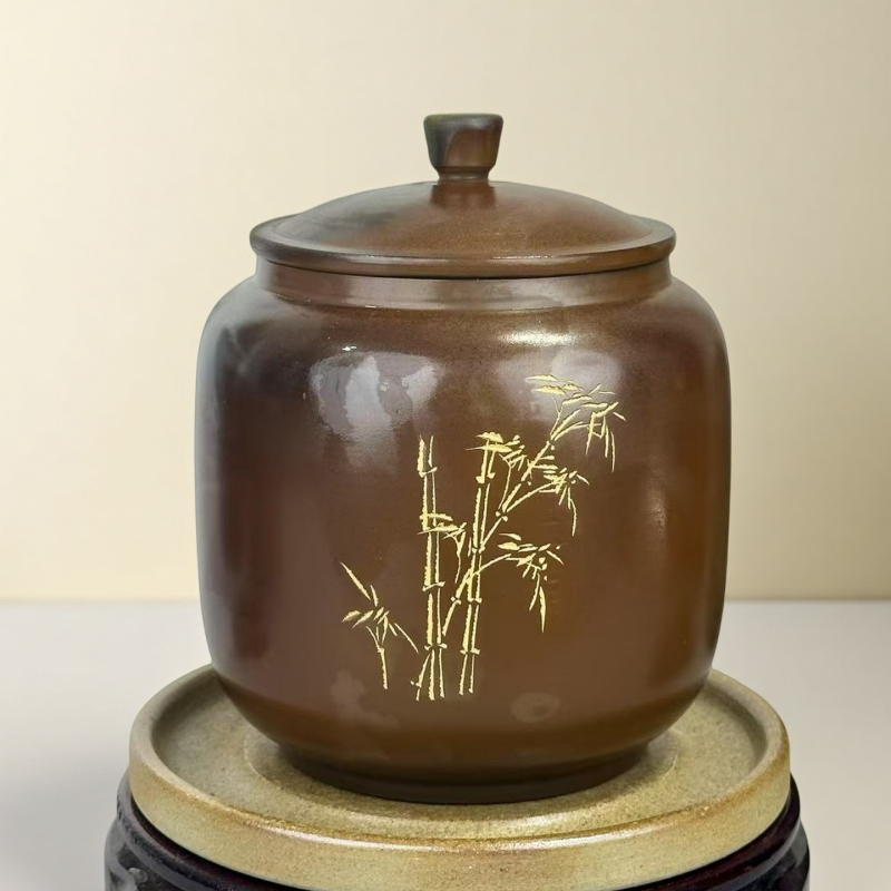 仁艺柴烧 中式高档茶叶罐存茶醒茶两用罐柴烧紫陶冬瓜罐