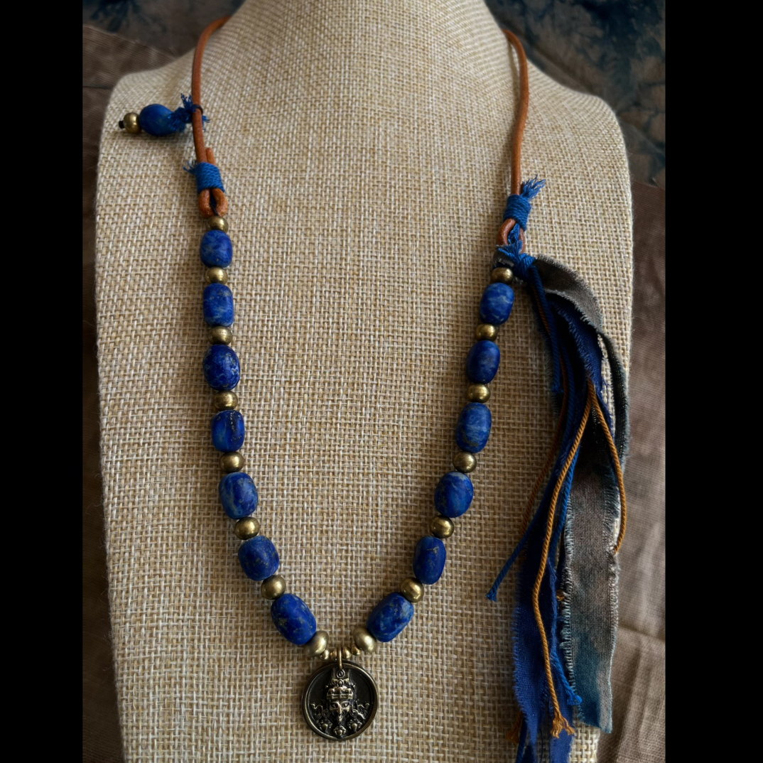 纯铜布艺项链 原创-青石黄铜复古项链