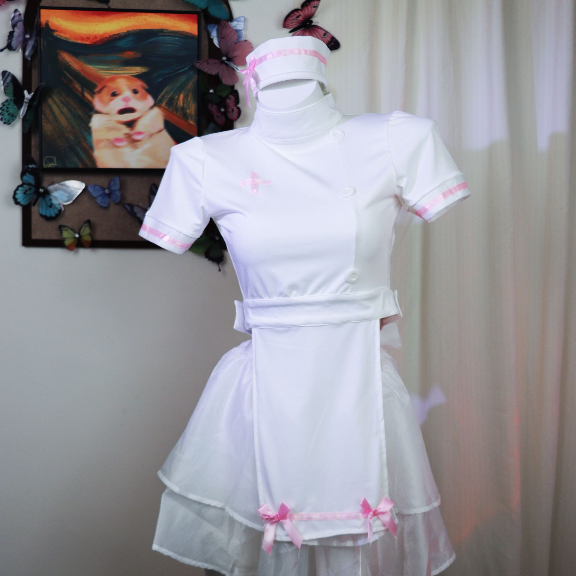 【安慰】性感蝴蝶结柔纱透视白色护护制服套装睡裙