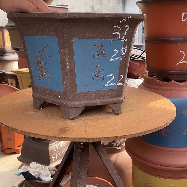 32蓝刻绘六方花盆紫砂花盆