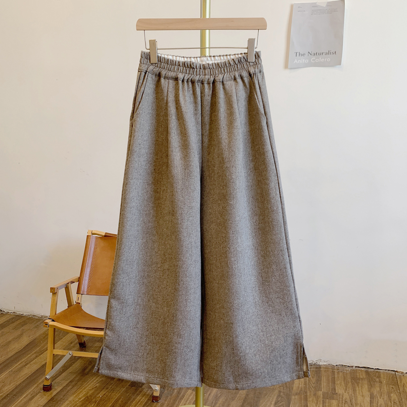 开叉裤Y3186侧开叉松紧腰阔腿裤