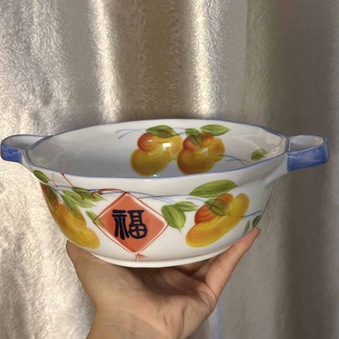 手绘釉下彩双耳大汤碗家用餐具