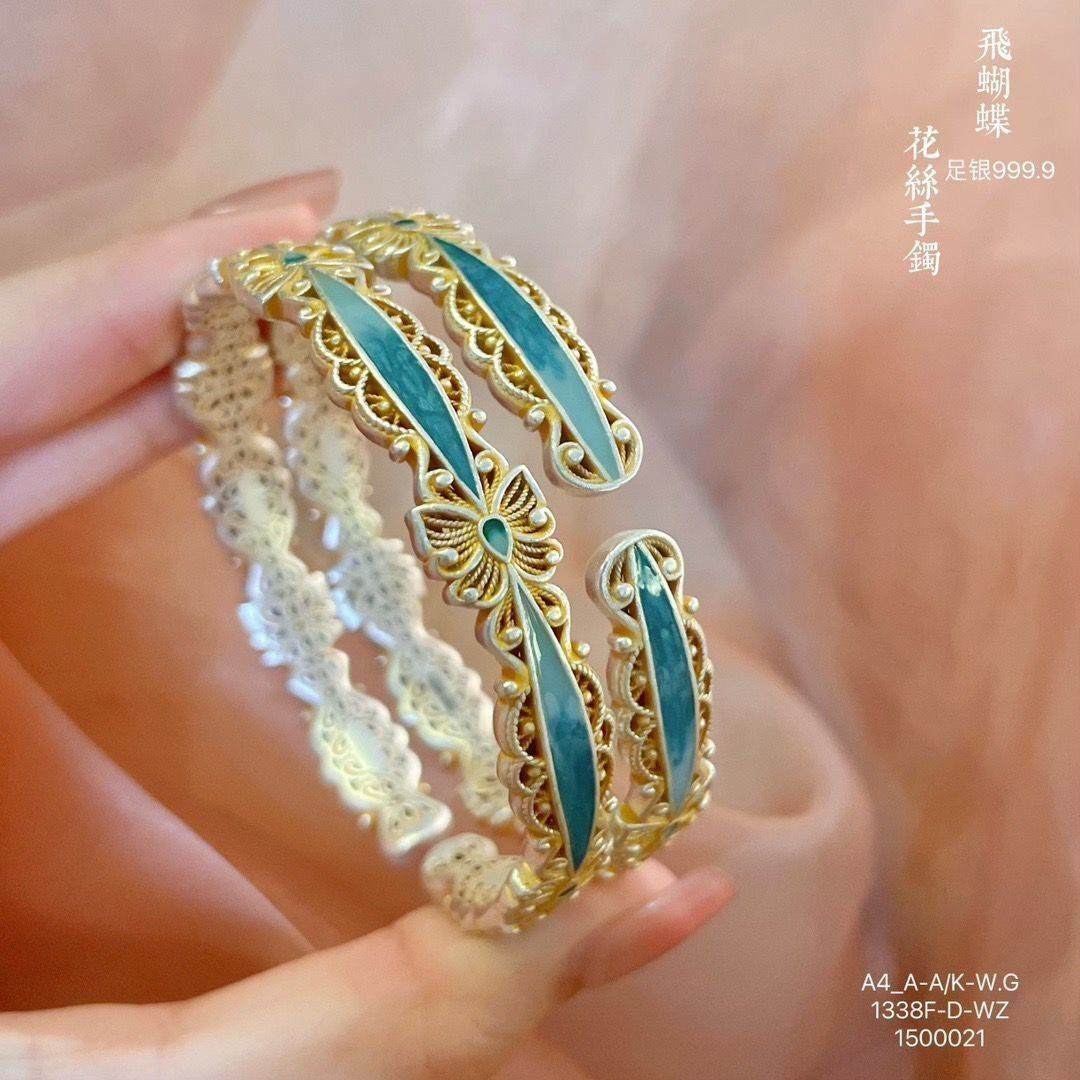 足银手镯 19号珐琅飞蝴蝶花丝银手镯轻奢复古