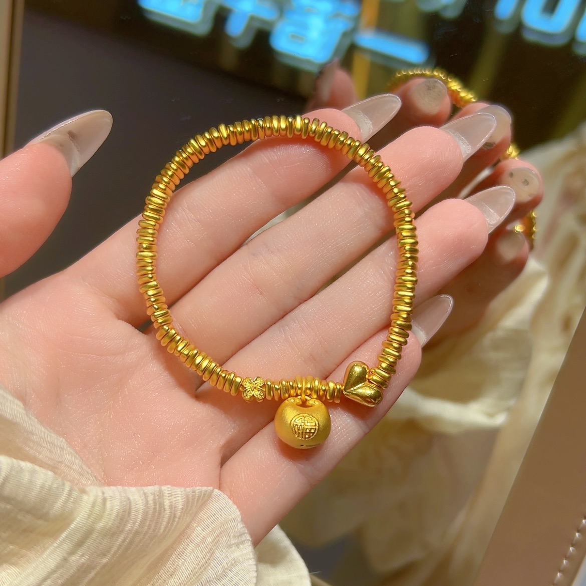 瑞诺黄金小胖福屁桃碎金盘缠手串足金999时尚小众爱心手链送女友