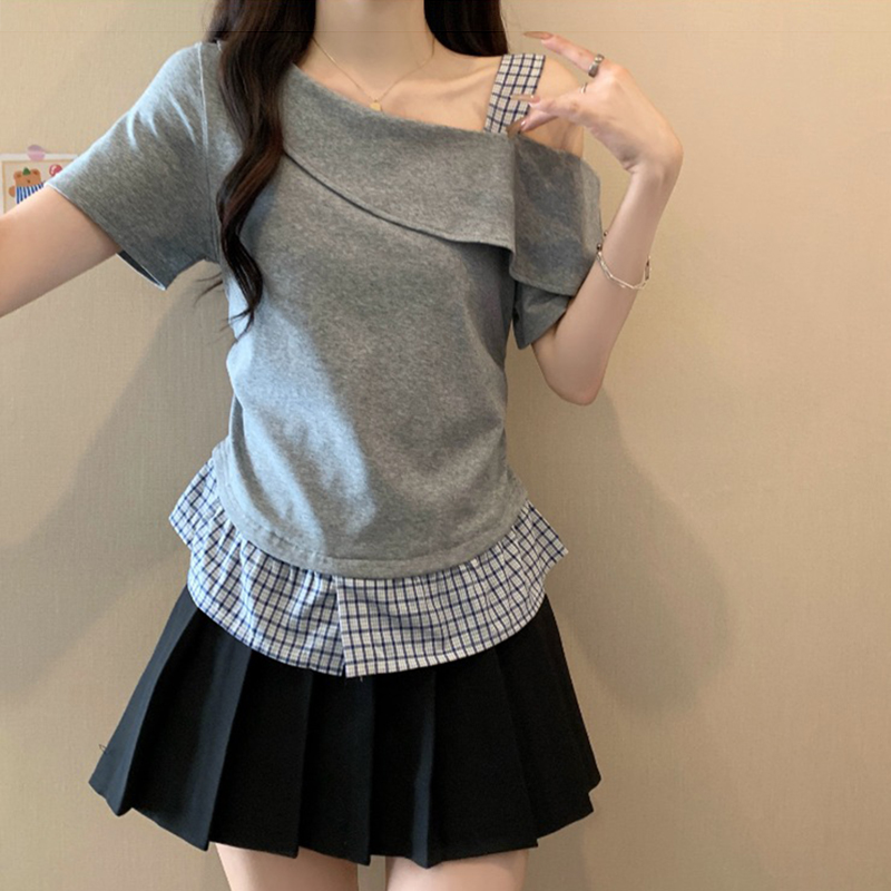 短袖洋气衣服女2025夏新款网红洋气炸街大码女装胖MM斜肩显瘦上衣