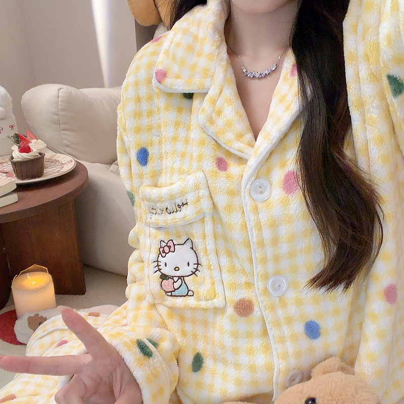 黄格彩点kitty睡衣女秋冬季法兰绒长袖长裤加厚保暖珊瑚绒家居服