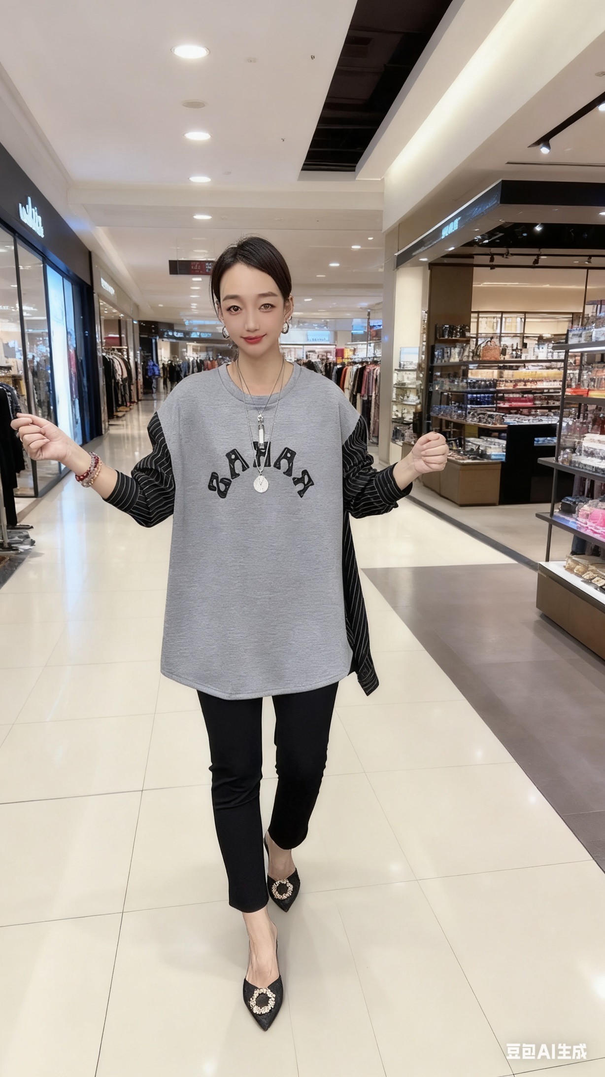 酷艾琦双拼贴补绣字条纹拼接圆领秋冬大版宽松休闲插肩袖T恤衫