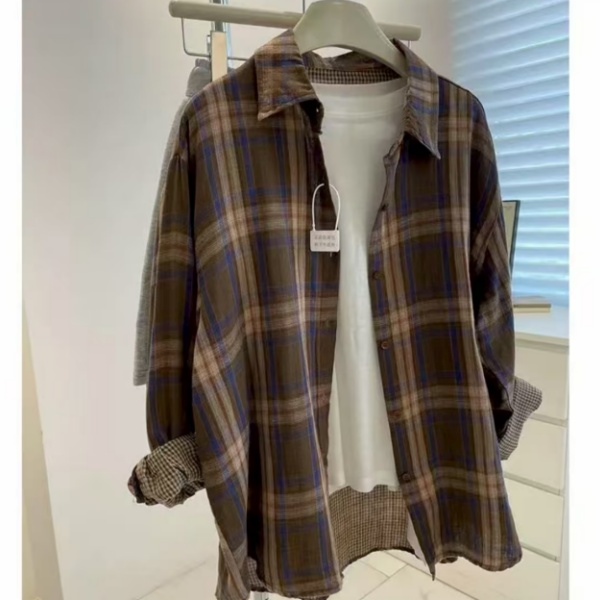 复古宽松百搭慵懒风长袖格子衬衫上衣2025秋新款宽松学院风衬衣女