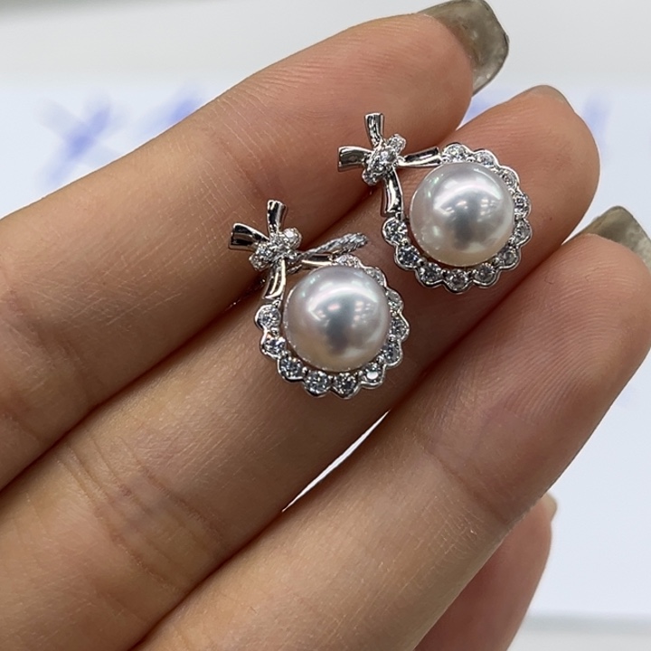 银S925镶嵌耳饰海水珍珠8-9mm