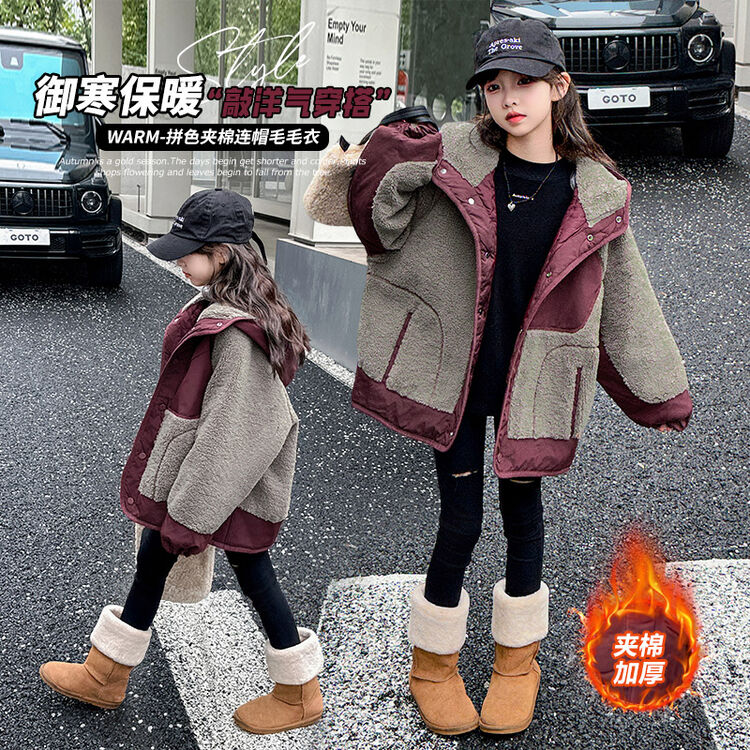 女童亲子同款25年秋冬季新品红灰拼色夹棉毛毛衣洋气连帽加厚保暖