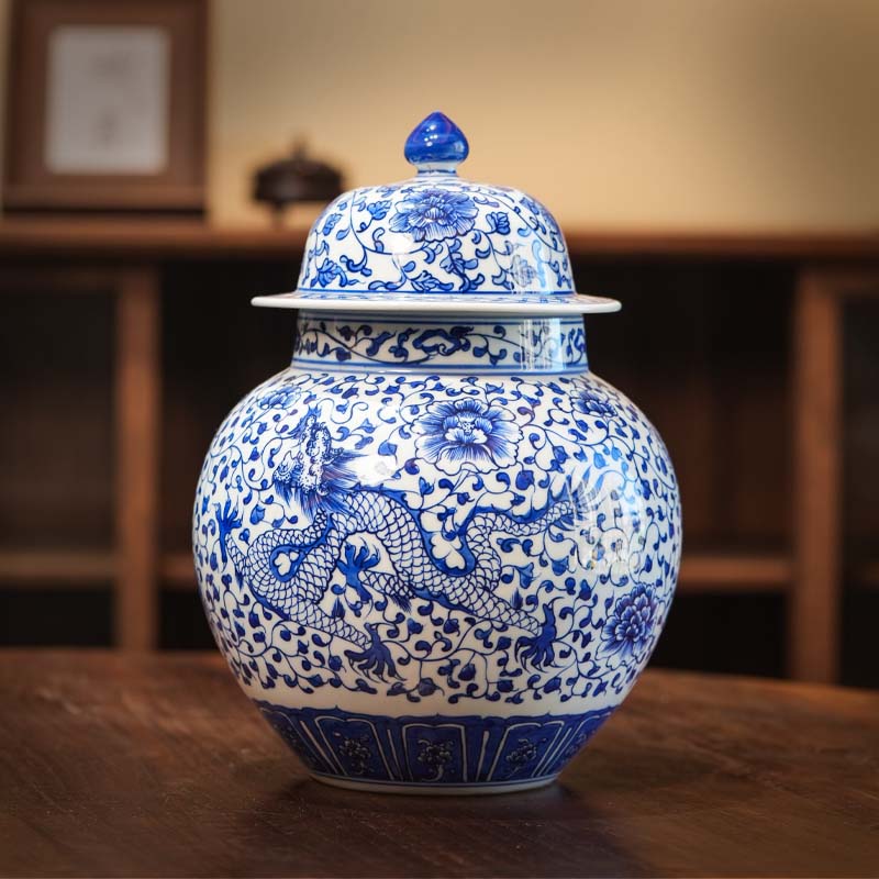 青花龙凤茶叶罐带盖大号将军罐中式客厅装饰品储物罐高档手工复古