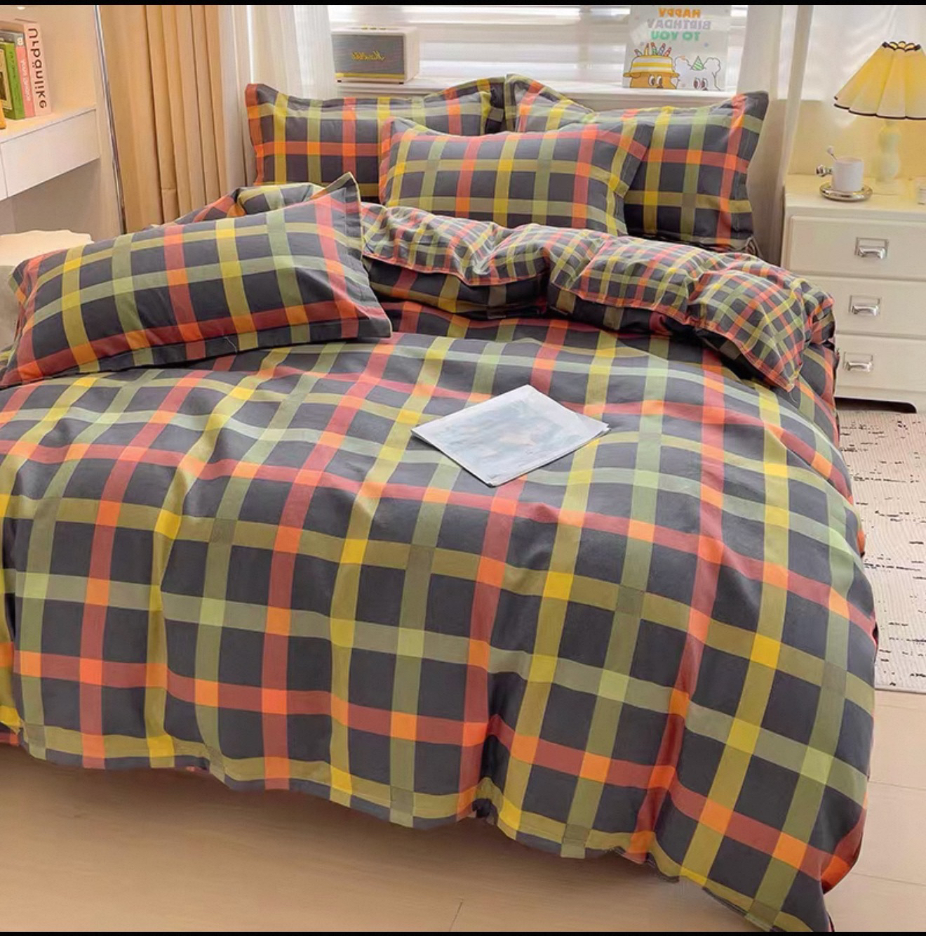 【红红家纺】微瑕疵加厚长绒棉黄绿粉格子