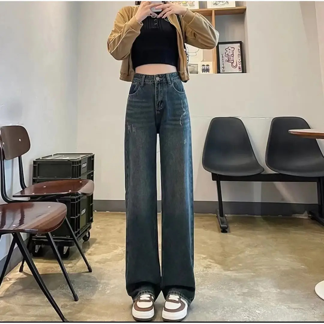 2025新款现货女秋冬直筒加绒加厚无弹高腰休闲风黑色水洗长裤牛仔