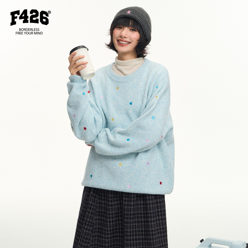 F426国潮牌冬季新款星星绣花花纱毛衣圆领时尚保暖套头针织衫7550