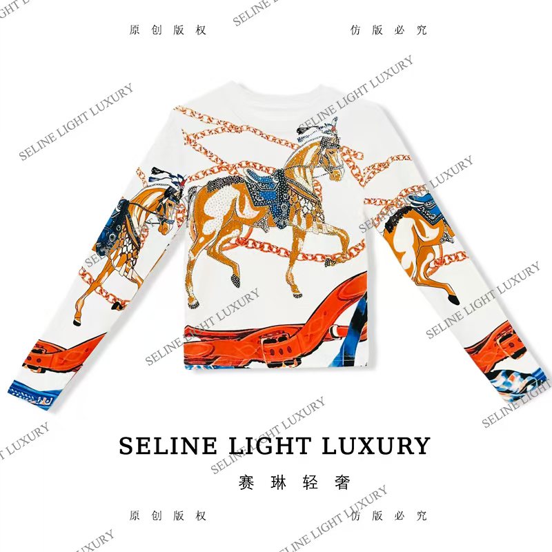 【25Q-705】七 2025 SELINE 新款锁链小马印花时尚轻奢气质长袖T恤