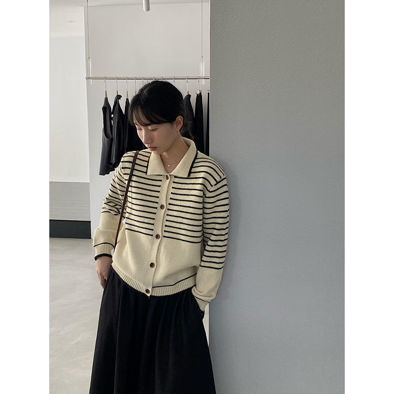 扣上翻领复古针织开衫秋季Polo单排撞色0666衣女条纹领