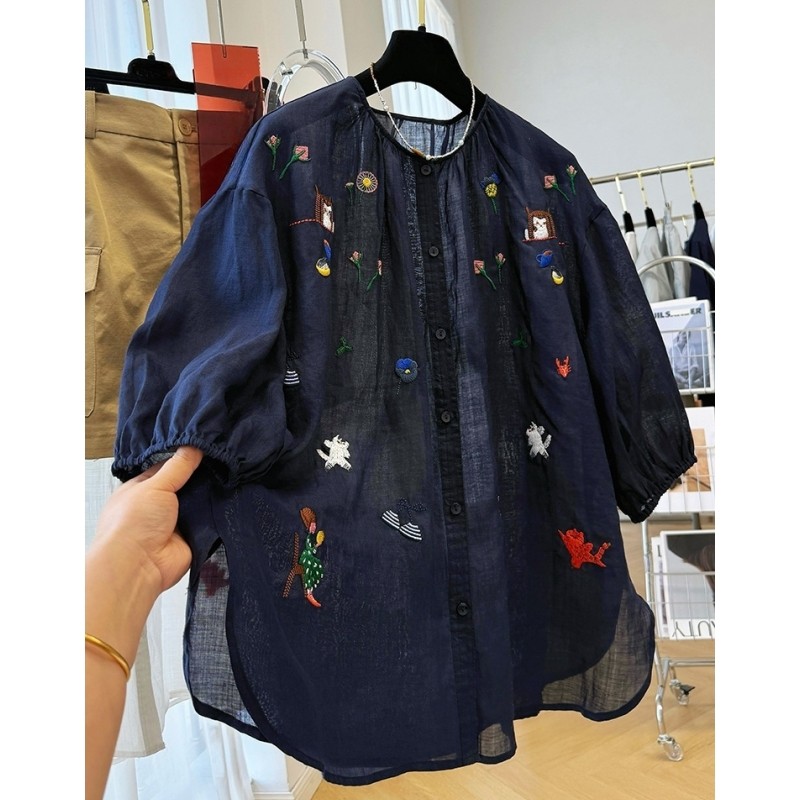 P0273韩系重工刺绣苎麻高级感时尚七分袖圆领衬衫女气质小衫上衣