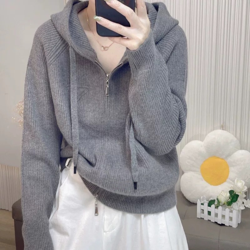 粗线螺纹针织衫连帽插肩袖双拉链帽衫女学院风外套A820