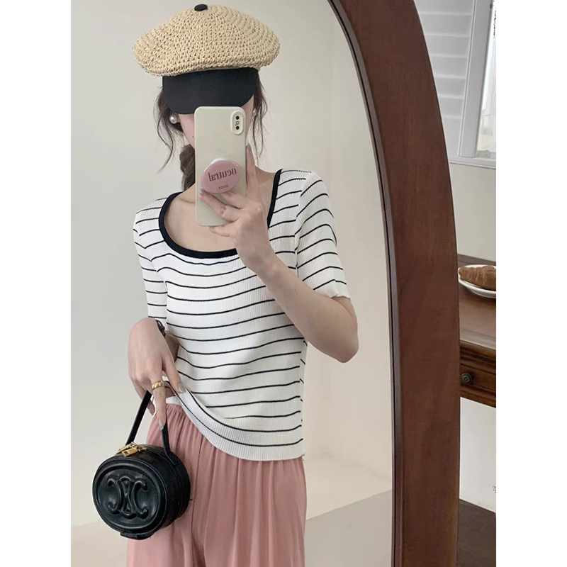 【白色条纹】3073超柔软新款高品质圆领上衣