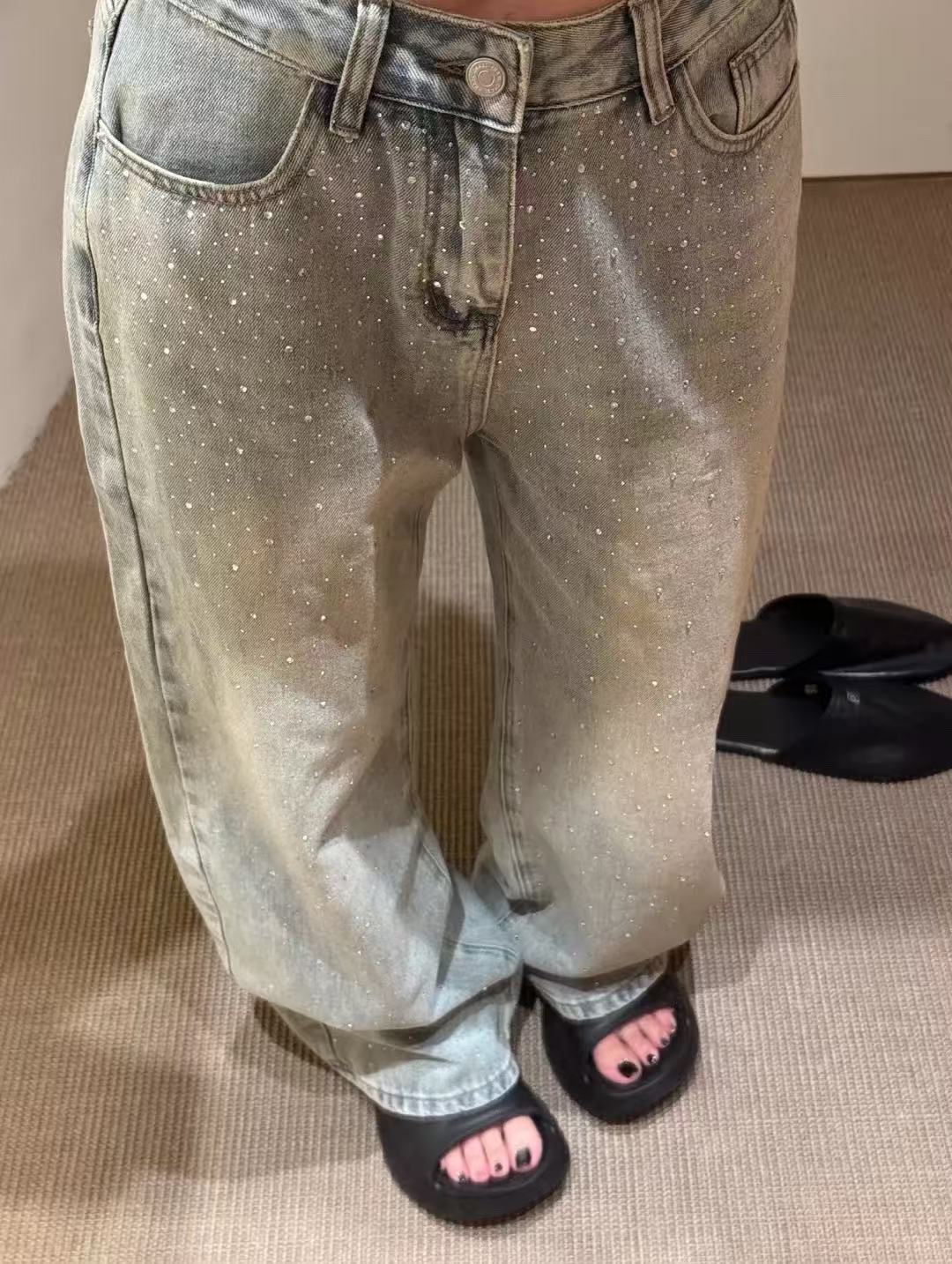 7326*秋季新款韩版烫钻高腰直筒牛仔裤秋季时尚裤子长裤