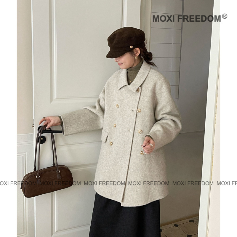 【索维拉】高品质新款减龄娃娃领小个子中长款双面羊毛呢大衣外套女