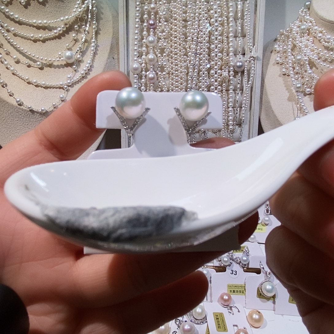 银S925镶嵌耳饰淡水珍珠极光琉璃耳钉9+