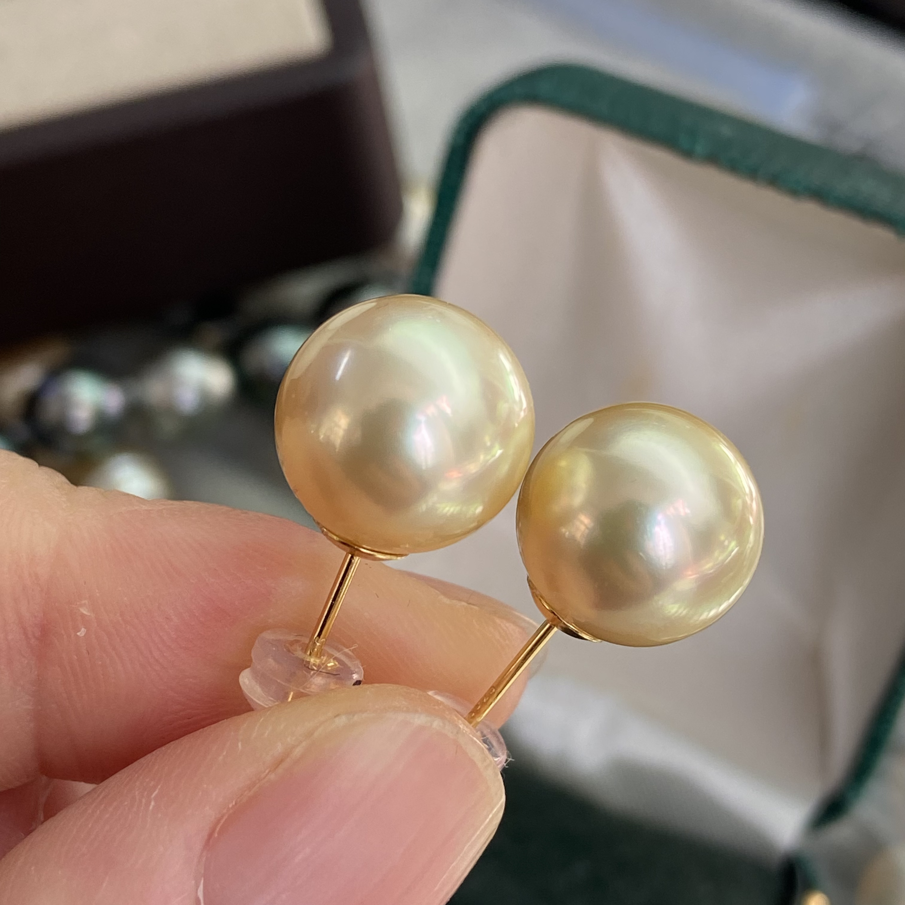 稀有干枯金色天然海水珍珠耳环极光南洋金珠耳钉正圆强光气质百搭