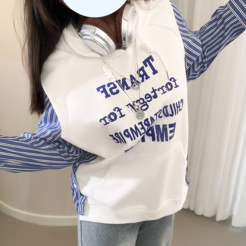 大码女装300斤胖MM韩版小众设计款假两件连帽卫衣63896