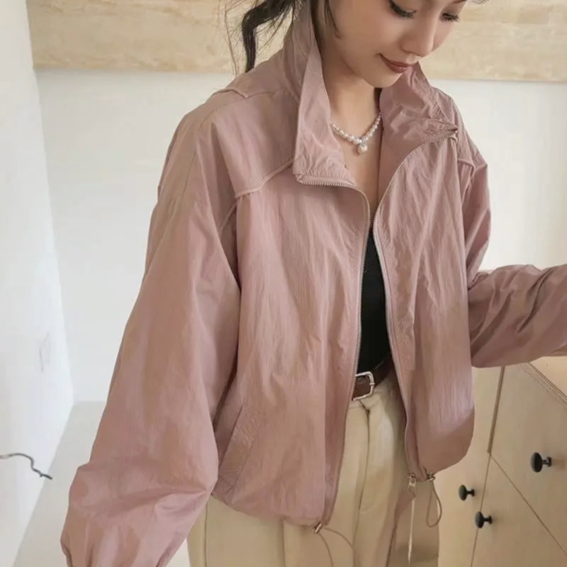 韩系休闲宽松立领长袖拉链短款冲锋衣薄百搭上衣外套 7279