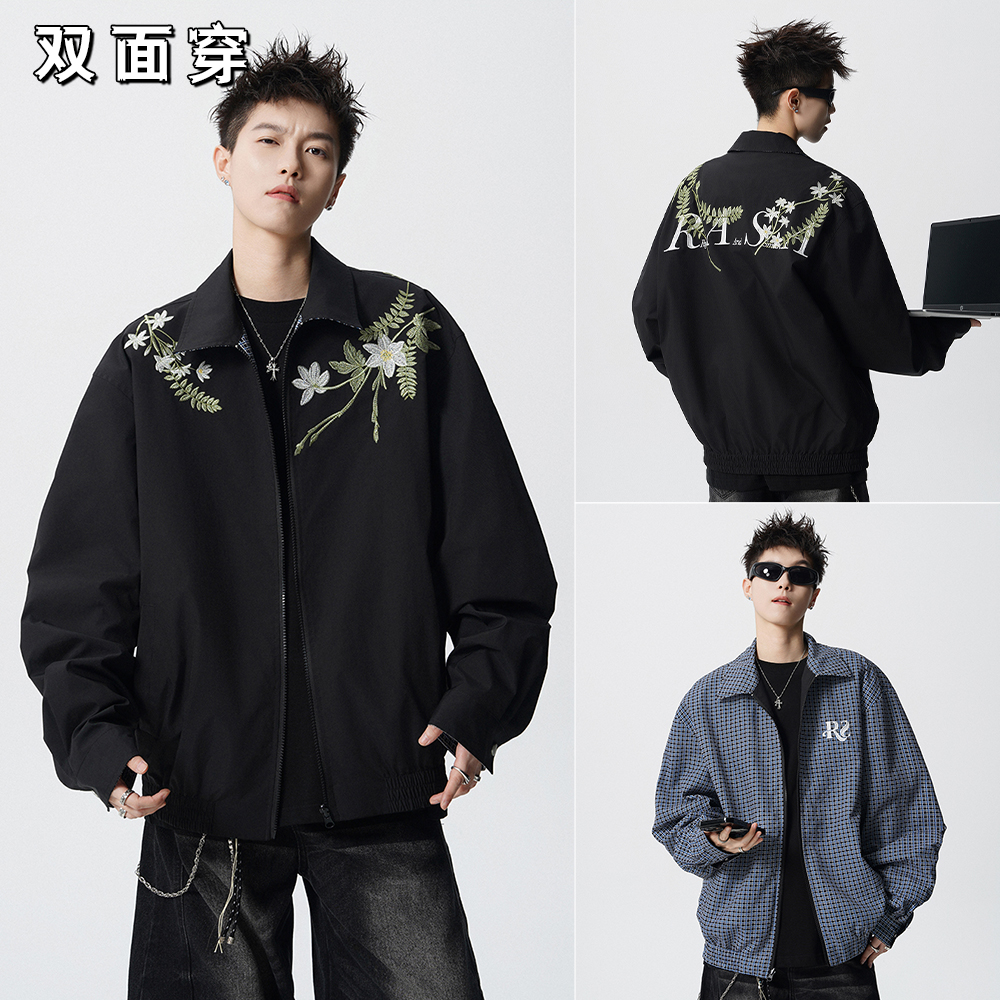 大花卉刺绣两面穿夹克男秋季2025新款美式潮牌宽松立领飞行服外套