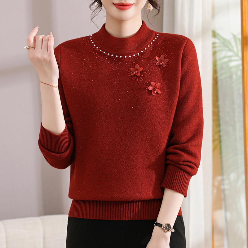 妈妈秋冬装加绒加厚半高领针织毛衣中老年女装宽松时尚保暖上衣