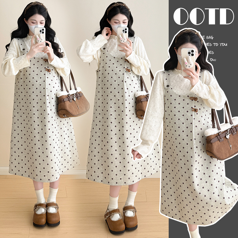 孕妇套装秋冬复古时尚波点毛呢裙搭配蕾丝洋气打底两件套孕妇装