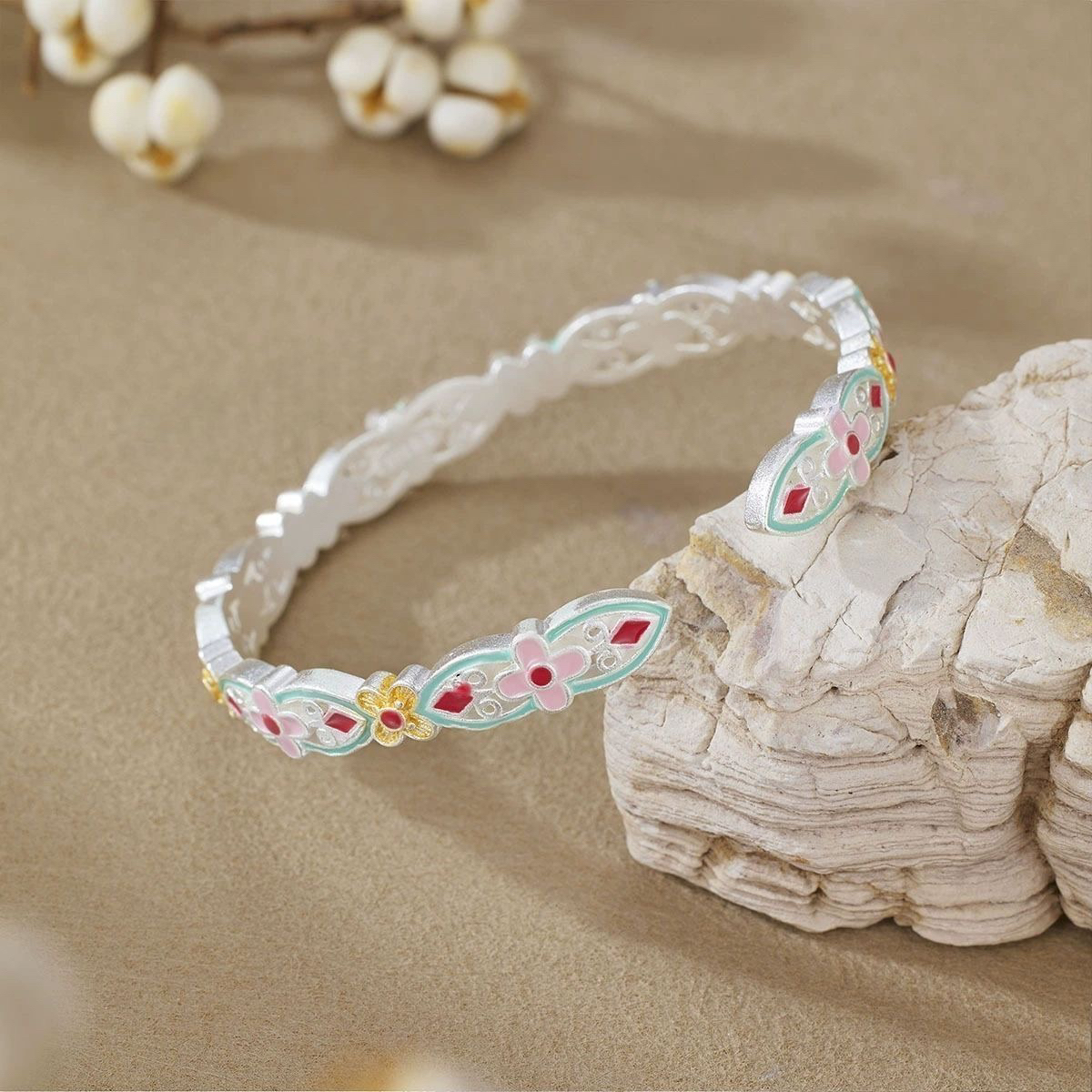 足银手镯 31 号 【珐琅彩梅花】足银999复古新中式开口实心纯银手镯