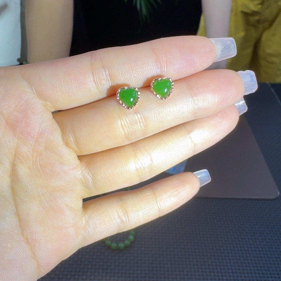 和田玉（碧玉）银S925镶嵌耳饰