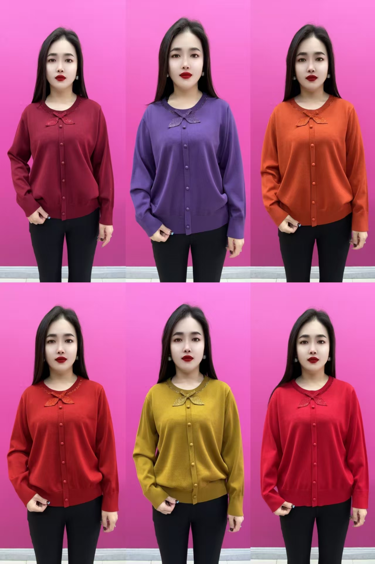 683款圆领蝴蝶结烫钻焦麻针织套头衫