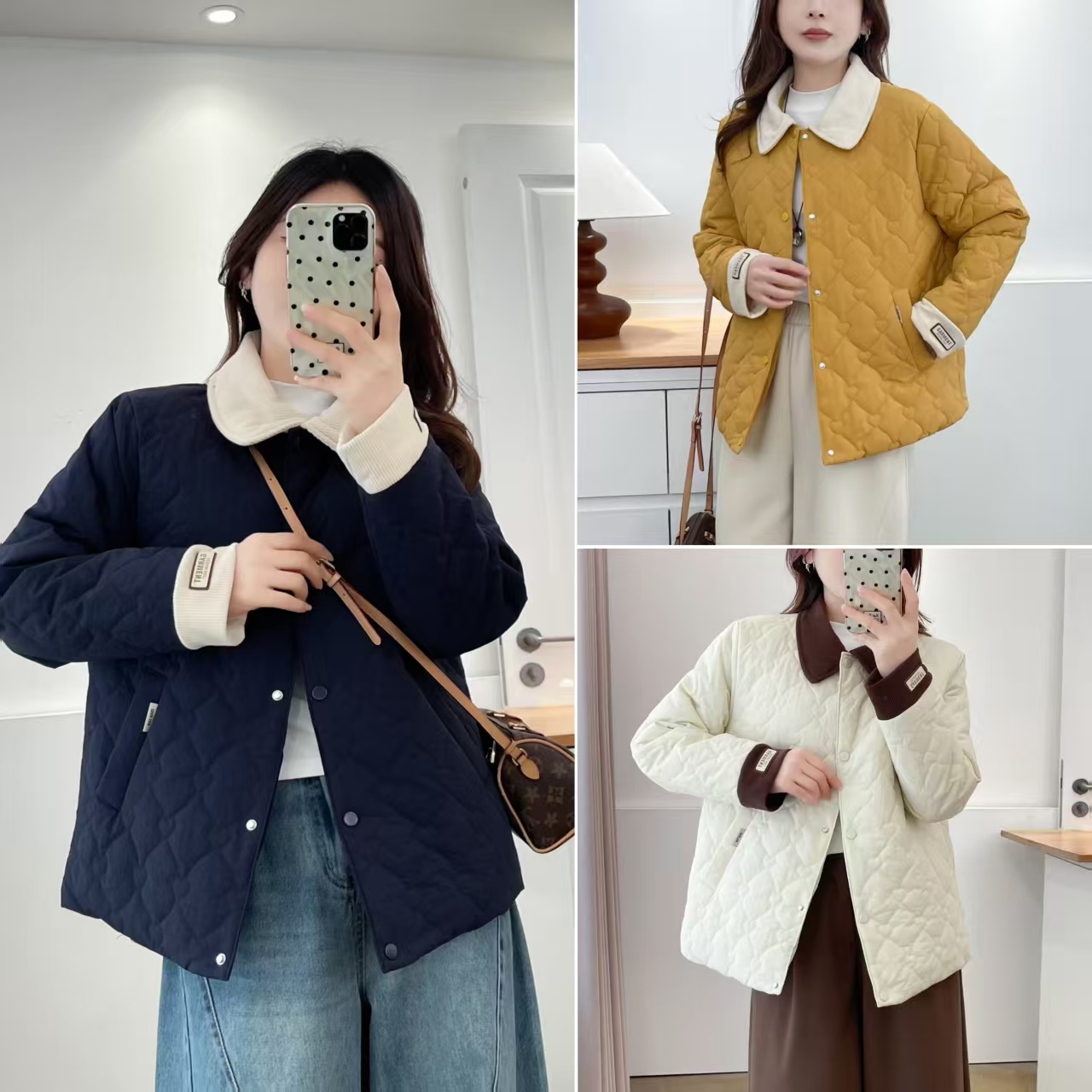 YueBeiLa/月贝拉大码秋冬宽松遮肉翻领菱形格厚款拼接休闲棉衣女