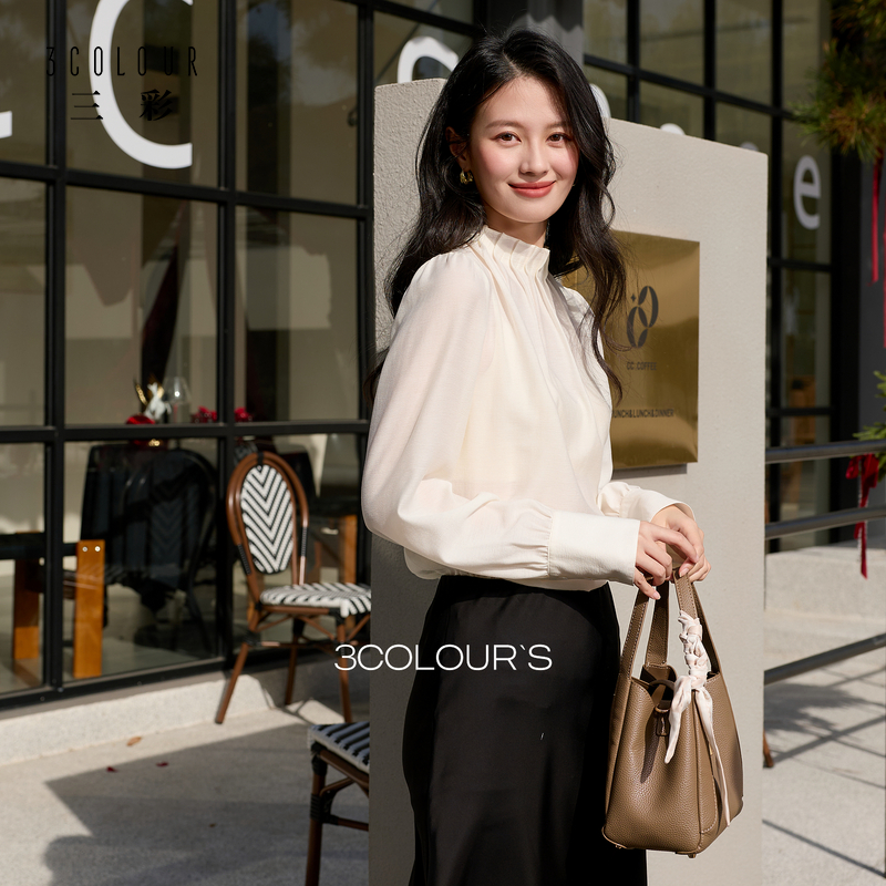 三彩2026春季新款花苞立领小衫衬衣长袖宽松轻奢气质S