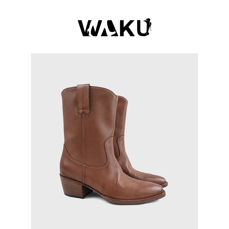 维托里奥率性理念双针刺绣水洗牛皮尖头厚底增高西部短靴